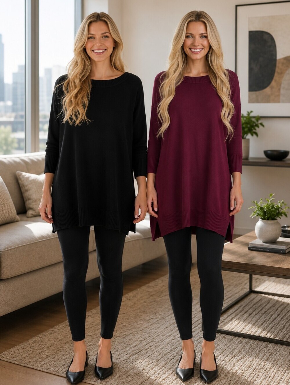 GNW  2 Sweaters Black and  Burgundy Lightweight Tunic Sweaters